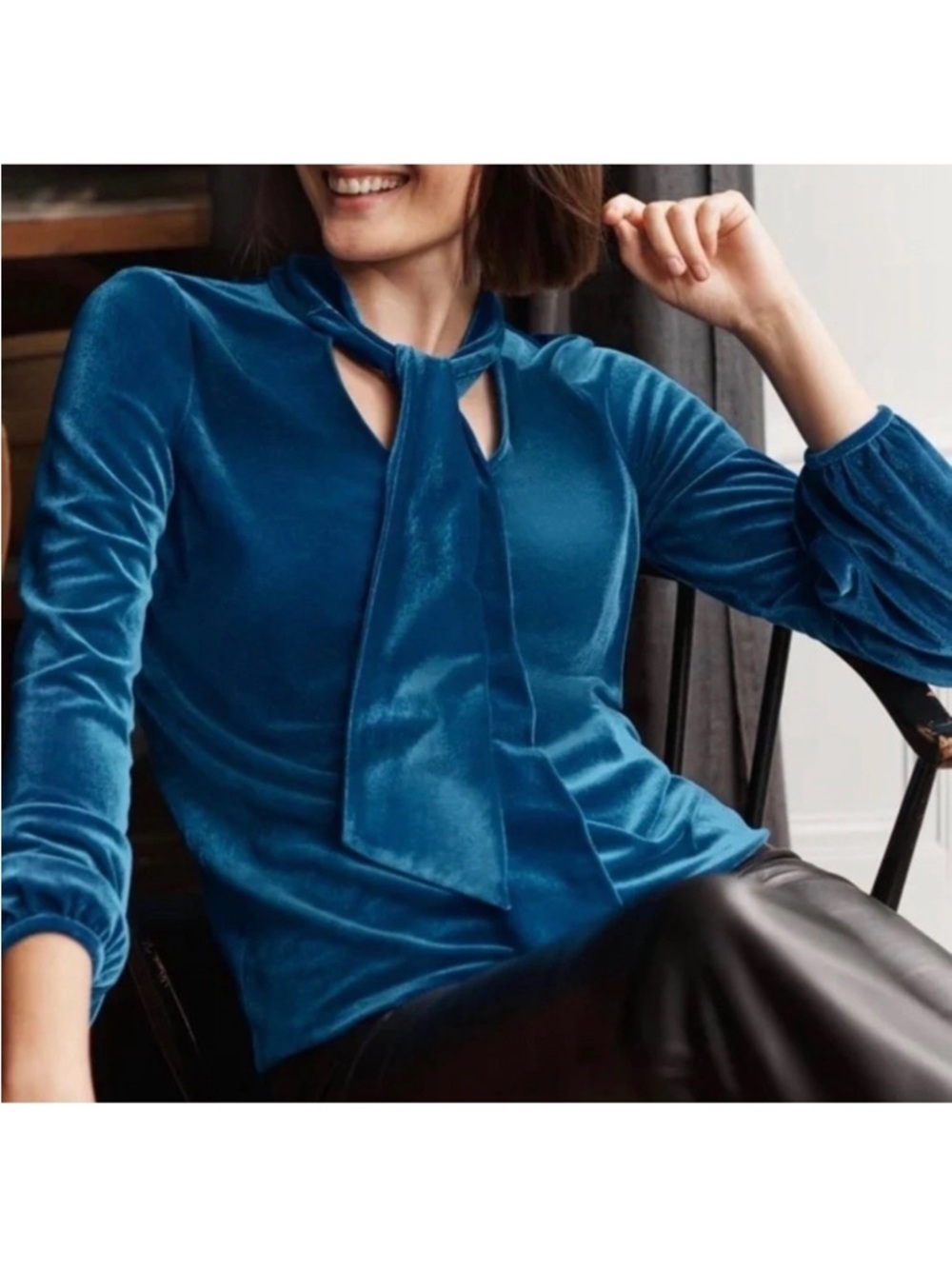Boden Top Blue Velvet Tie Neck 6 - Picture 3 of 7
